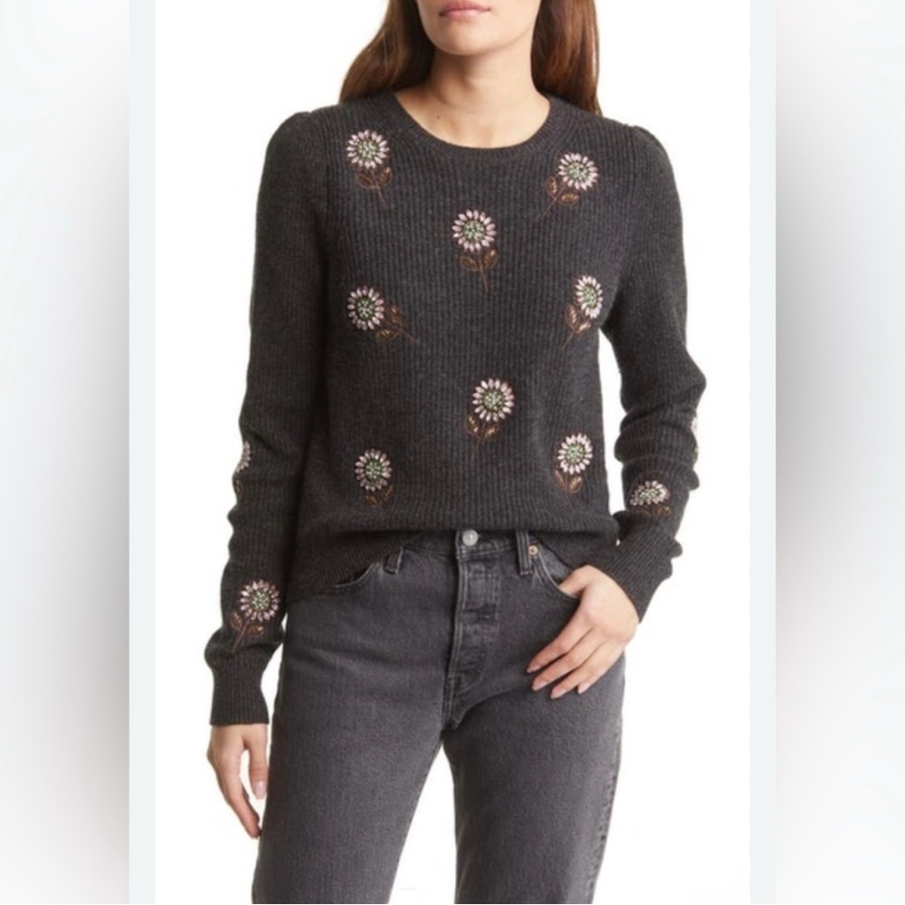 Boden Rhinestone Daisy Embellished Sweater NWT Dark Gray Wool-Blend US 12 - Picture 2 of 11